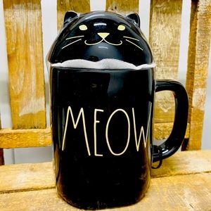 Rae Dunn MEOW cat mug with topper